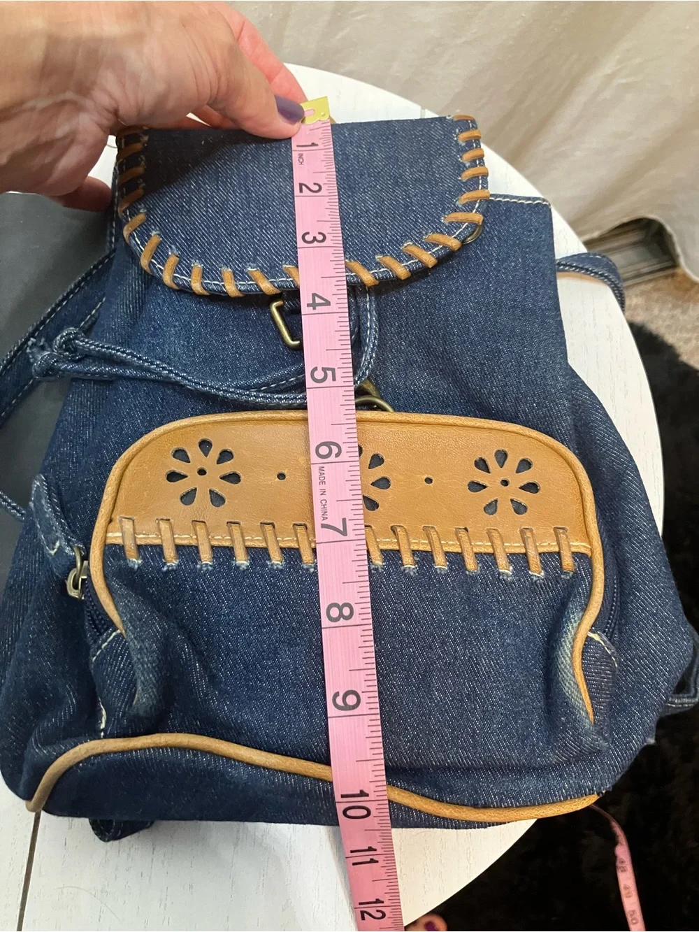 Denim Backpack with Tan Leather Accents - Casual Women's Daypack